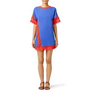 Tory Burch Runway Marissa Blue Orange Shift Dress Short Sleeve Plus Size 14